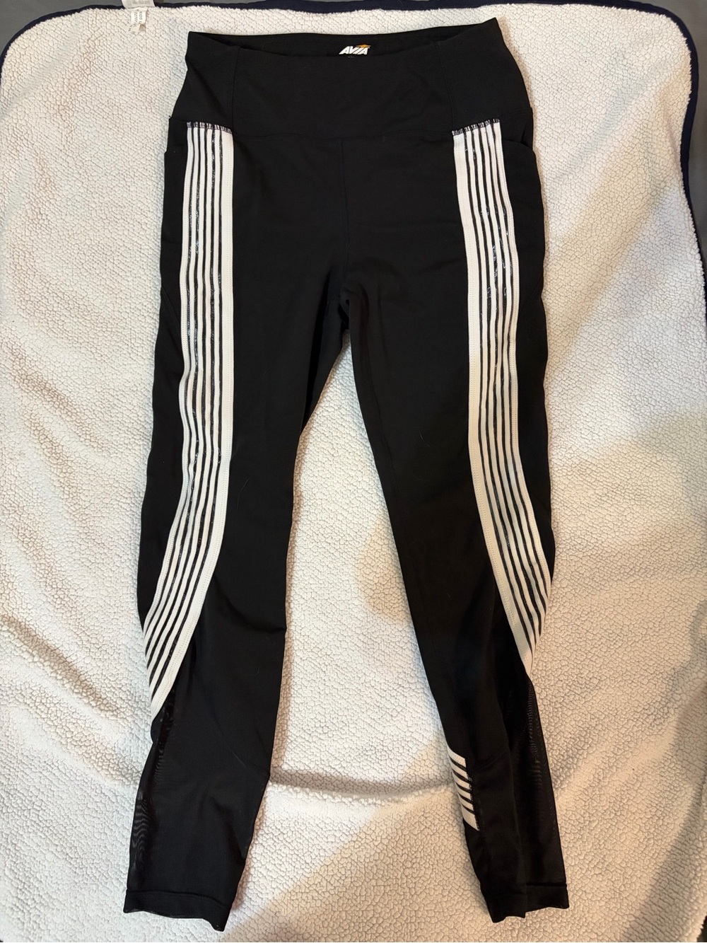 Avia Black Leggings with White Multi-Stripe Side Panels